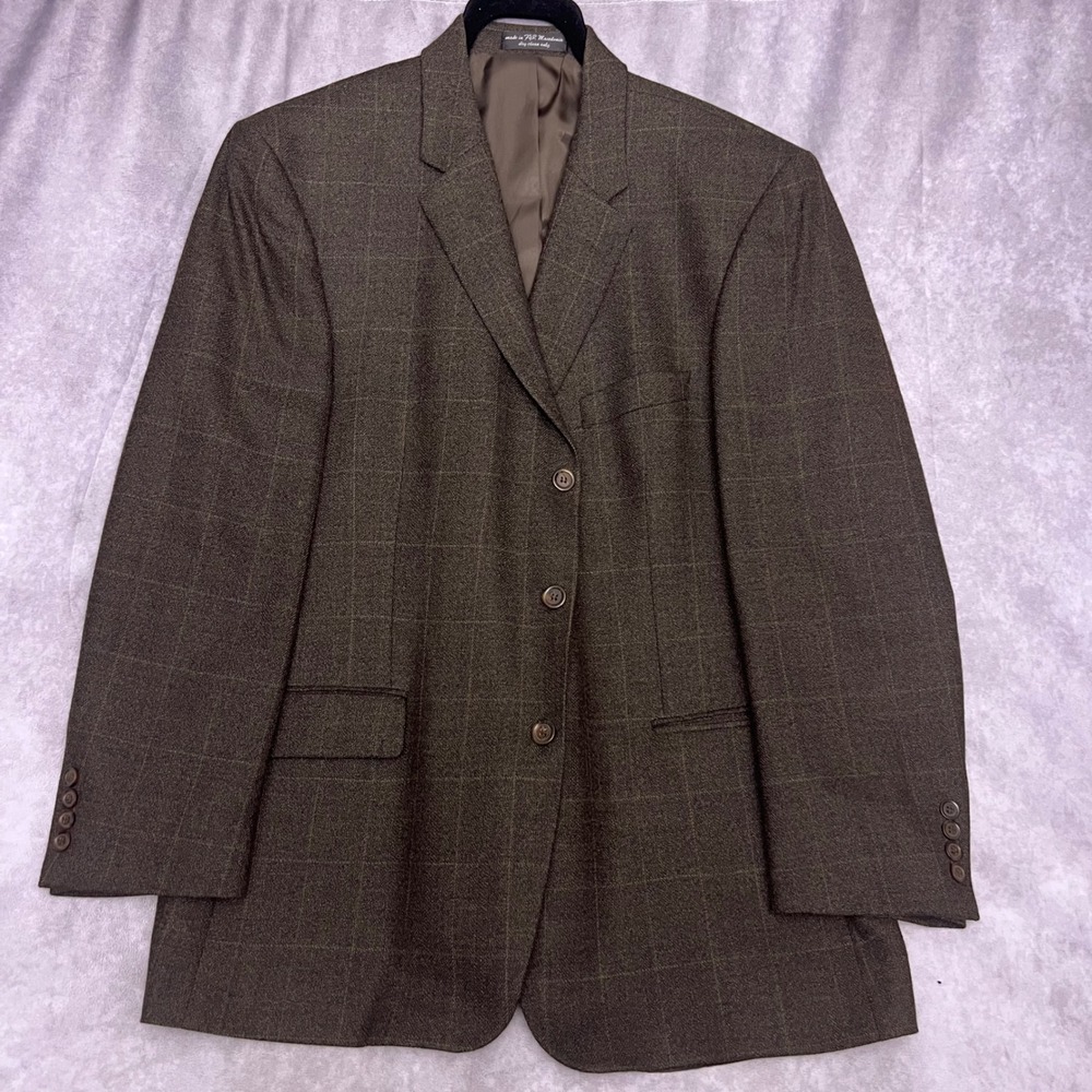 Cezani Sport Coat Mens 46R Brown Lambswool Excellent Windowpane 3-Button Blazer